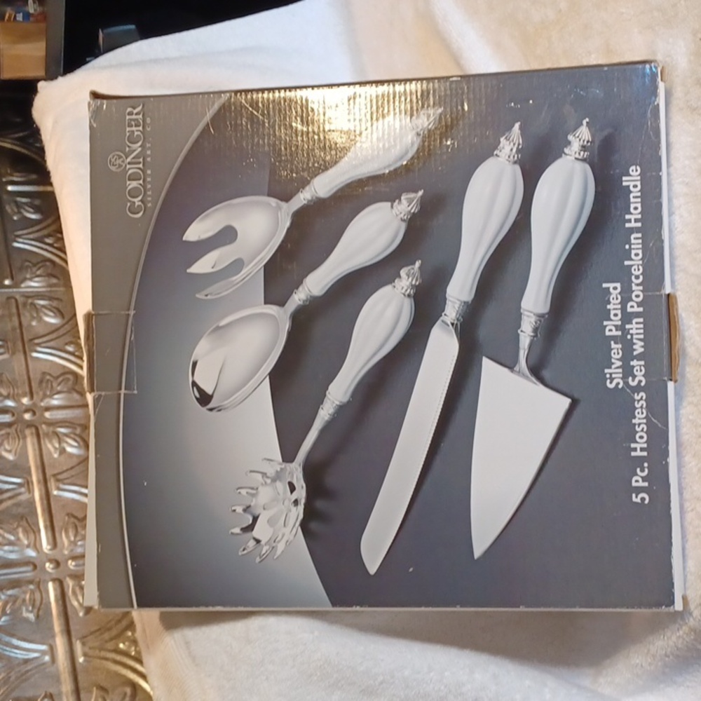 Godinger silver plated hostess set with porcelain handles